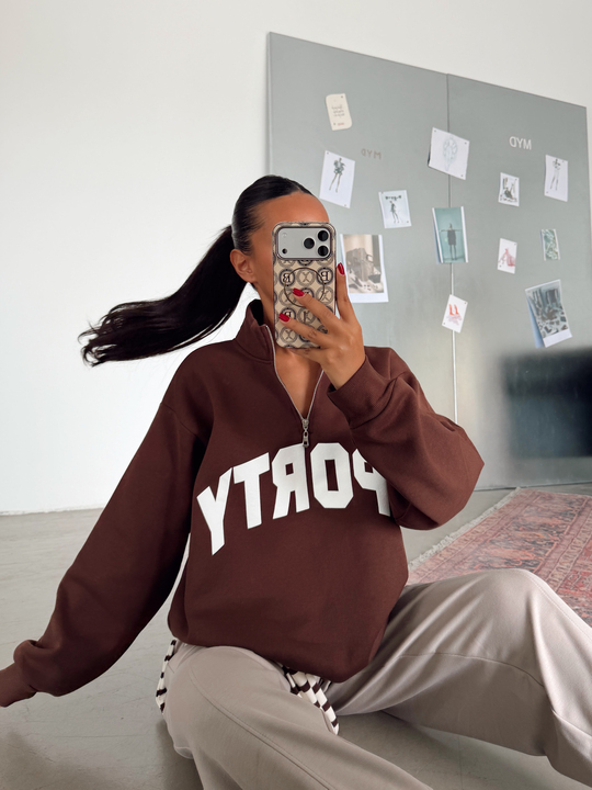 Sporty Yarım Fermuar Sweat - Kahve