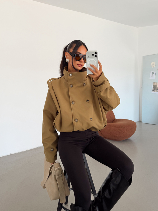 Vatka Detay Oversize Crop Trençkot - Haki