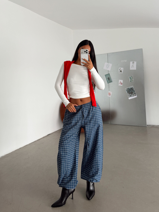 Bel Lastik Ekoseli Jogger Pantolon - Lacivert