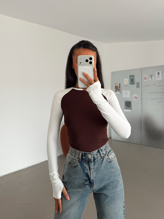 Bisiklet Yaka Kontrast Bodysuıt - Kahve