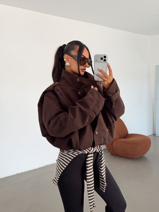 Vatka Detay Oversize Crop Trençkot - Acı Kahve