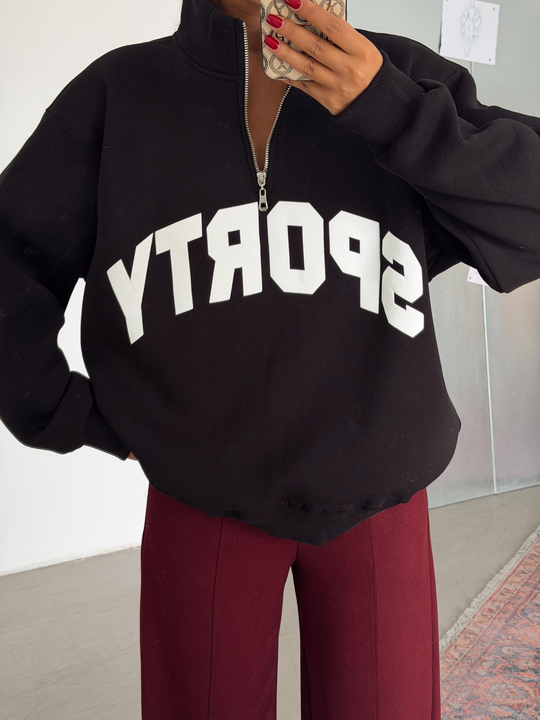 Sporty Yarım Fermuar Sweat - Siyah