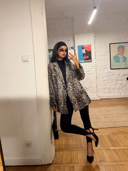 Leopar Desenli Saten Blazer Ceket - Bej