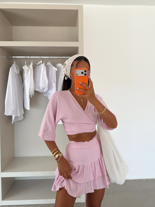 Eteği Fırfırlı Bağlamalı Takım - Pembe