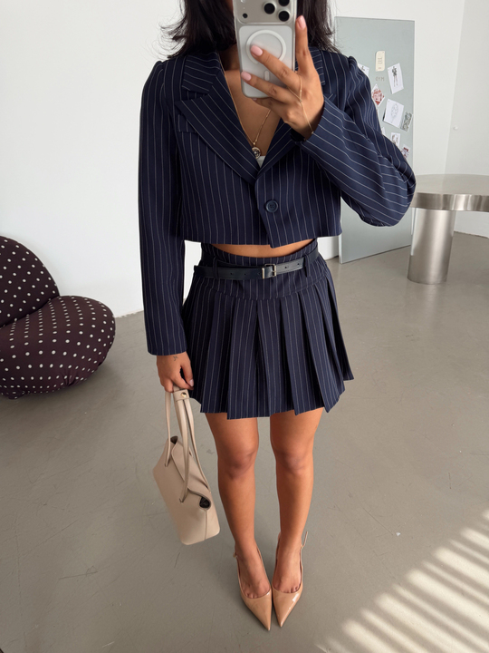 Çizgili Crop Ceket - Lacivert