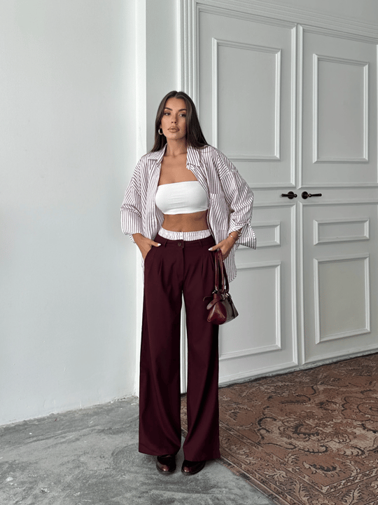 Bel Çizgi Detay Gömlekli Takım - Bordo