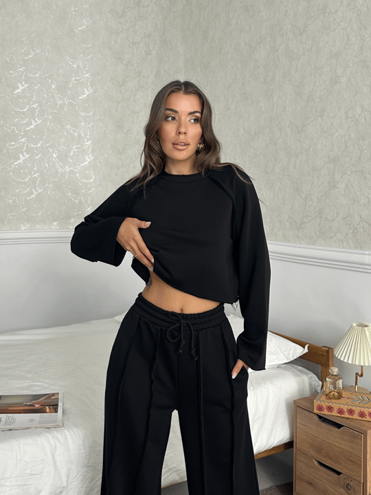 Uzun Kol Ters Dikiş Takım - Siyah