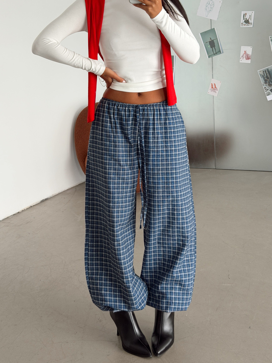 Bel Lastik Ekoseli Jogger Pantolon - Lacivert