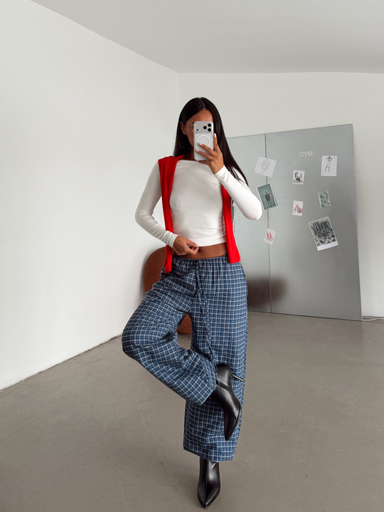 Bel Lastik Ekoseli Jogger Pantolon - Lacivert