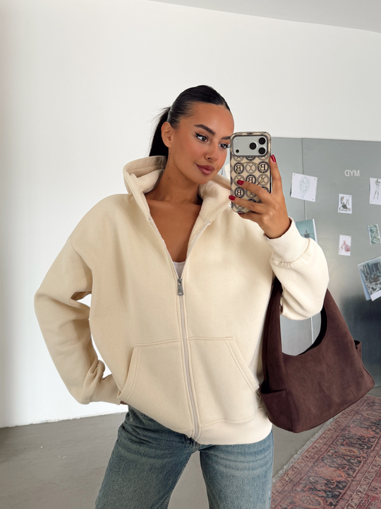 Fermuarlı Cepli Sweat - Taş