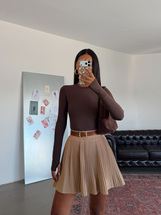 Bisiklet Yaka Uzun Kol Bodysuit - Kahve