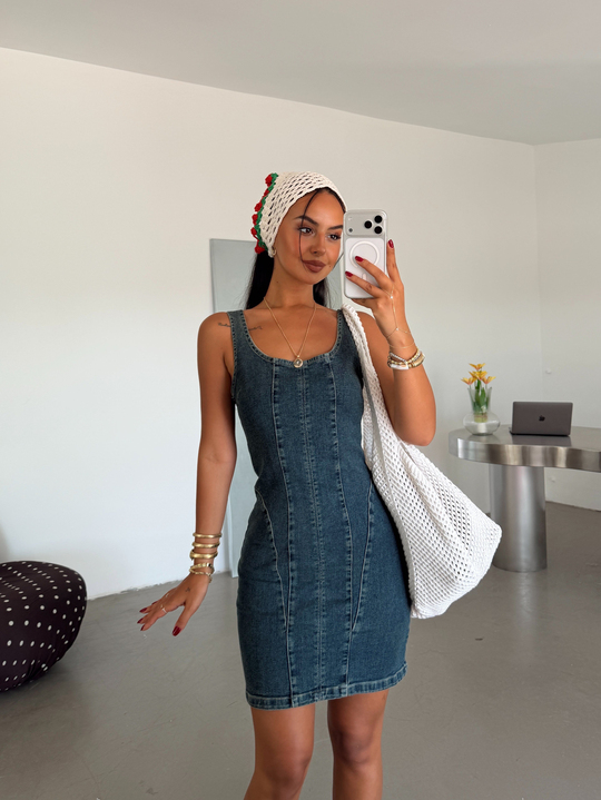 Likralı Parçalı Denim Elbise - Lacivert