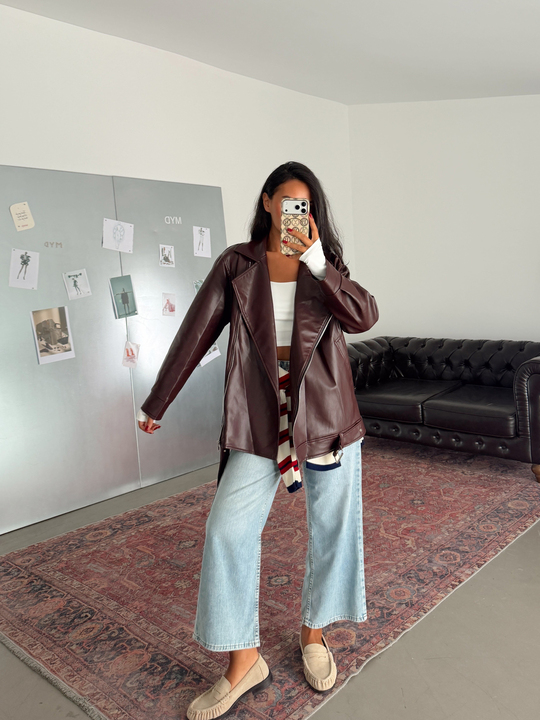 Kemerli Oversize Deri Ceket  - Bordo