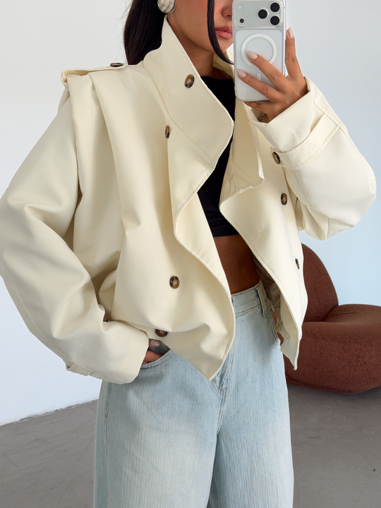 Vatka Detay Oversize Crop Trençkot - Ekru