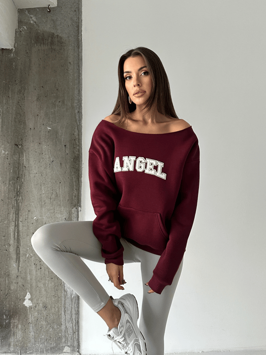 Angel Nakışlı Kayık Yaka Sweat - Bordo