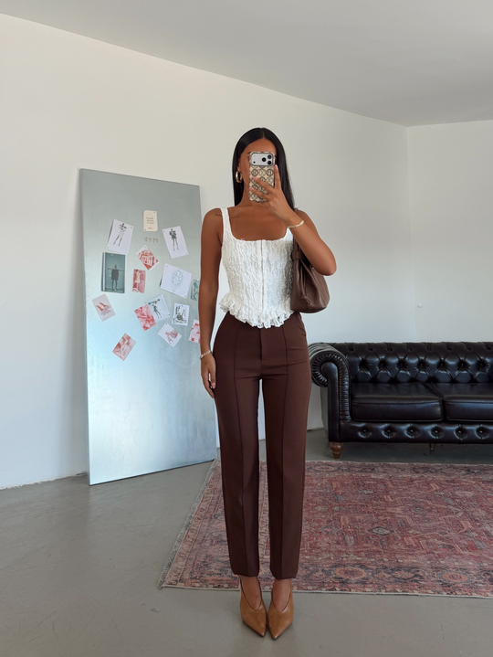Beli Lastikli Çımalı Pantolon  - Acı kahve