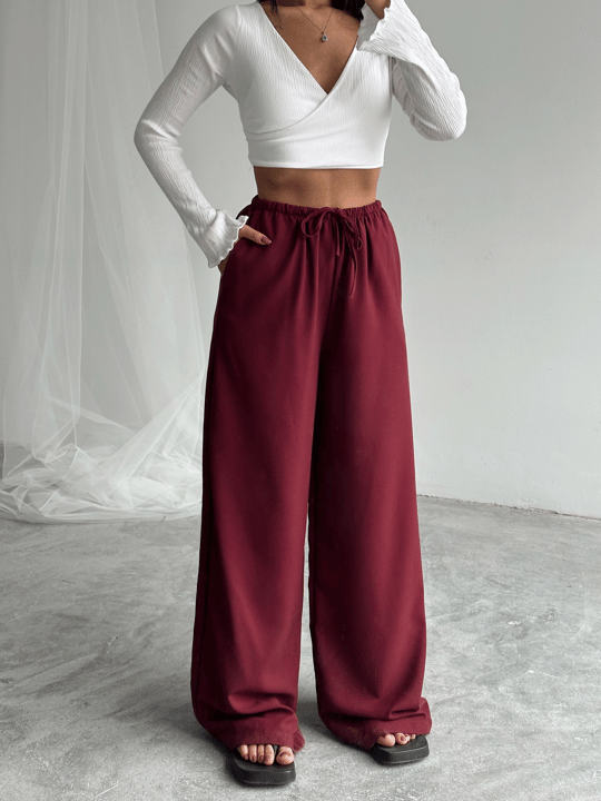 İnce Kemerli Salaş Pantolon - Bordo