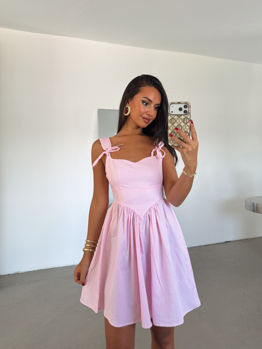 Çizgili Mini Elbise - Pembe