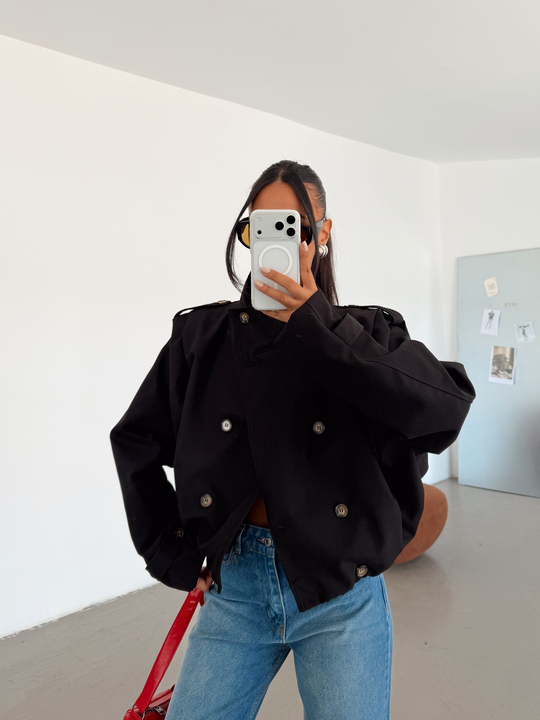 Vatka Detay Oversize Crop Trençkot - Siyah