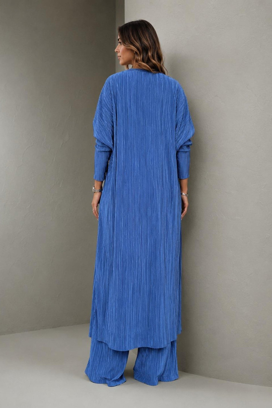 A40066 Aguaje Pilise Detaylı Bağlamalı  Tunik Pantolon Takım / MAVİ