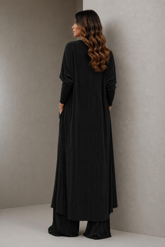 A40066 Aguaje Pilise Detaylı Bağlamalı  Tunik Pantolon Takım / SİYAH