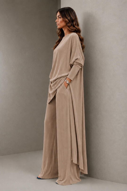 A40066 Aguaje Pilise Detaylı Bağlamalı  Tunik Pantolon Takım / CAMEL