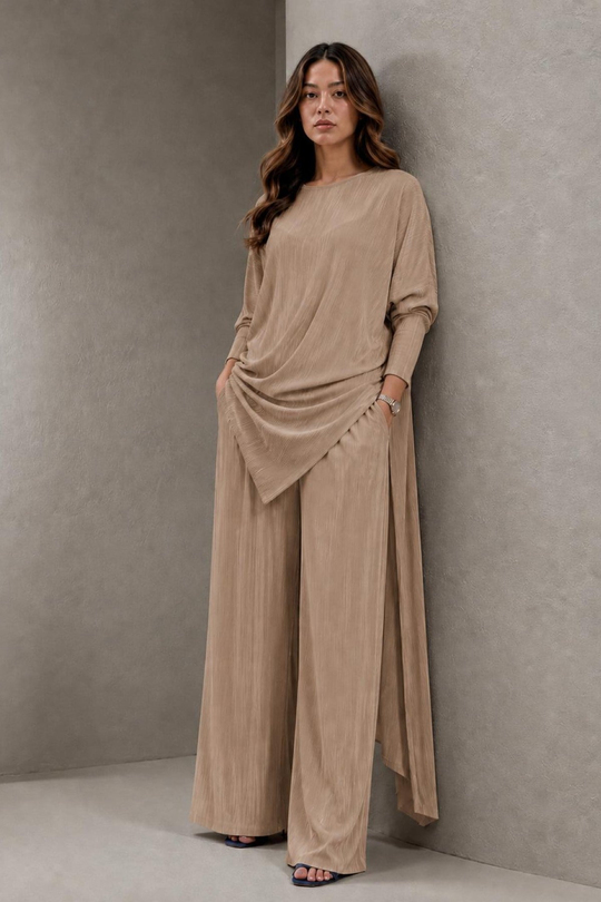 A40066 Aguaje Pilise Detaylı Bağlamalı  Tunik Pantolon Takım / CAMEL