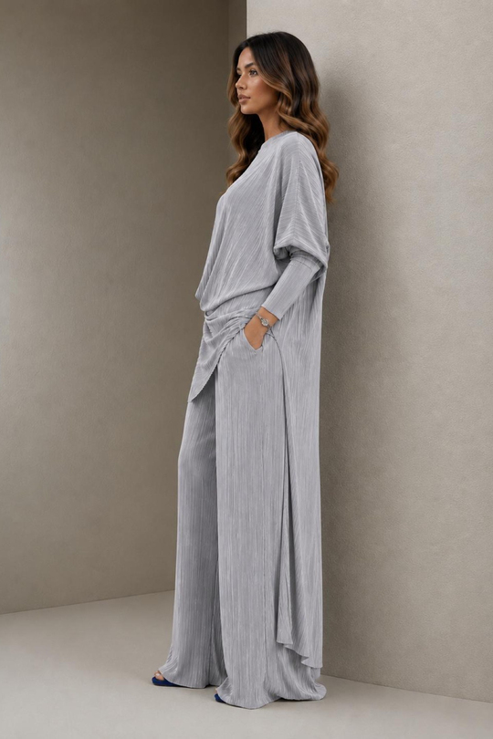 A40066 Aguaje Pilise Detaylı Bağlamalı  Tunik Pantolon Takım / GRİ