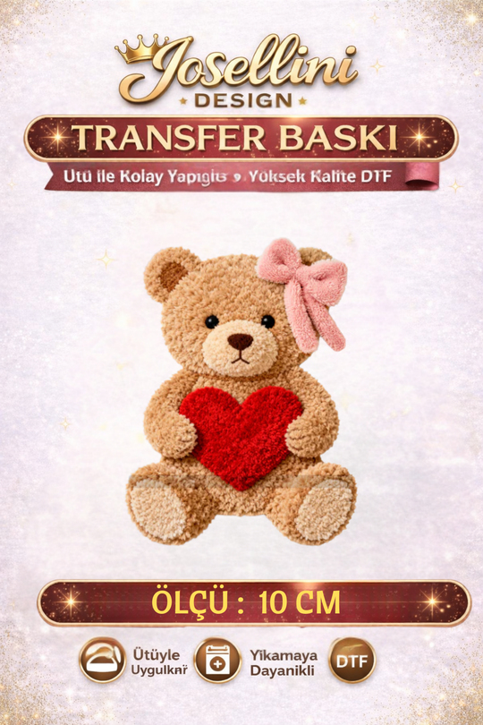 Kalpli Fiyonklu Peluş Ayıcık DTF Transfer Baskı 10 cm 