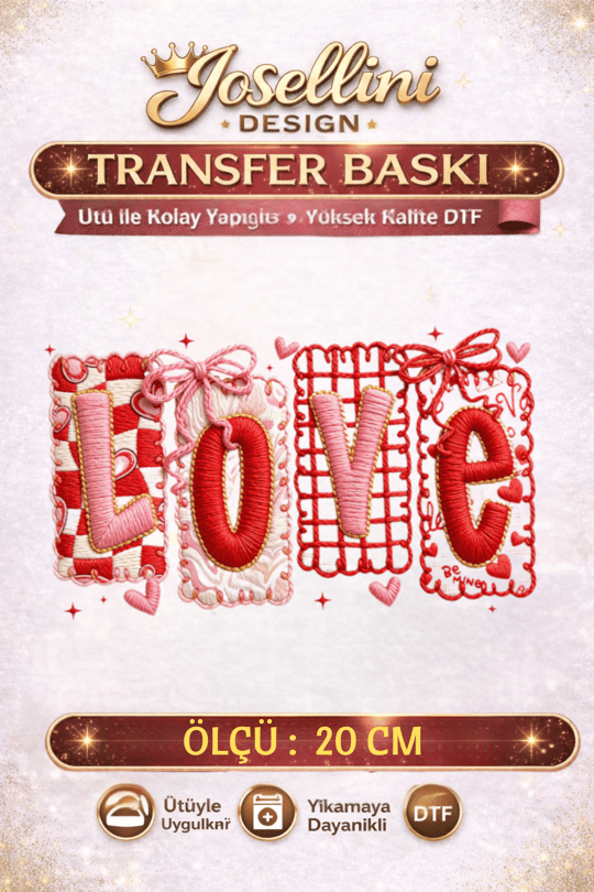 Patchwork Love Peluş Efekt DTF Transfer Baskı 20 cm