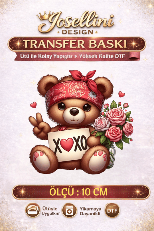XOXO Yazılı Çiçekli Ayıcık DTF Transfer Baskı 10 cm 