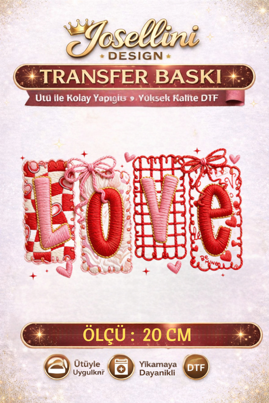 Patchwork Love Peluş Efekt DTF Transfer Baskı 20 cm