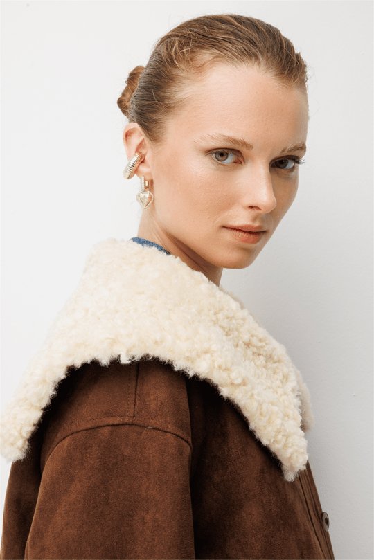 Ekol Yakası Peluşlu Süet Mont Kahve