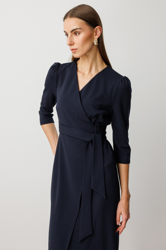Mi Beli Kuşaklı Kruvaze Yaka Elbise LACIVERT