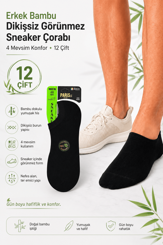 Erkek Bambu Dikişsiz 4 Mevsim Görünmez Sneaker Çorabı – 12 Çift - SİYAH 