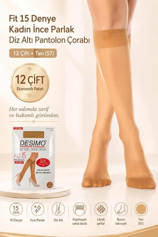 Fit 15 Denye Kadın İnce Parlak Diz Altı Pantolon Çorabı 12 Çift – Ten (57)