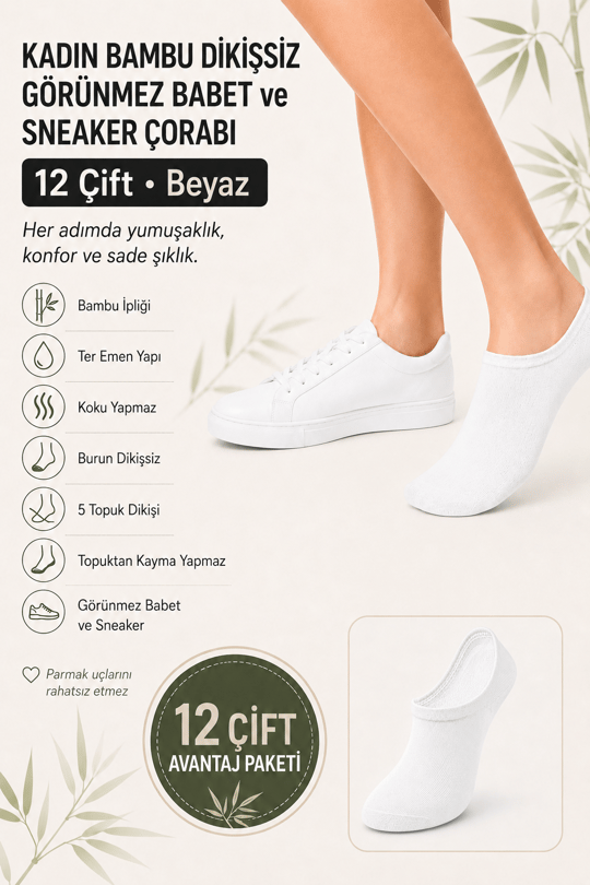 Kadın Bambu Dikişsiz Görünmez Babet ve Sneaker Çorabı – 12 Çift - BEYAZ