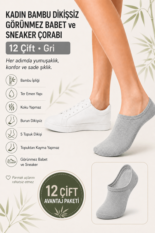 Kadın Bambu Dikişsiz Görünmez Babet ve Sneaker Çorabı – 12 Çift - GRİ