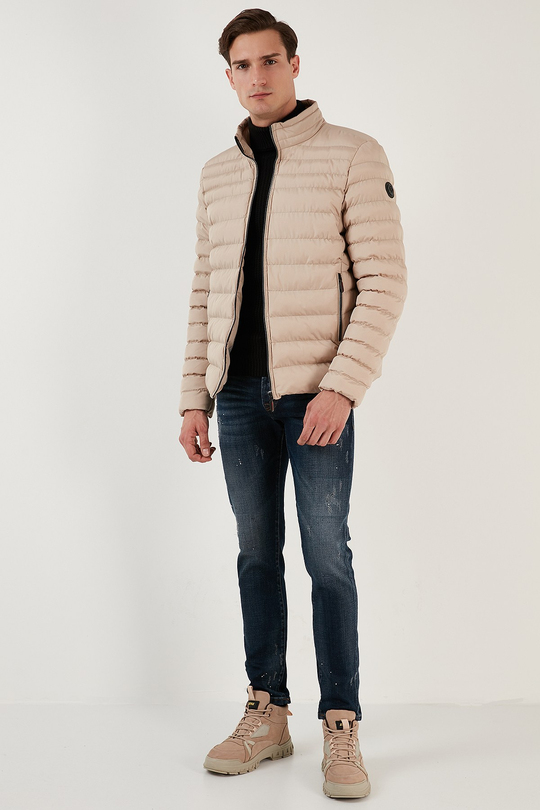 Dik Yaka Fermuarlı Cepli Slim Fit Şişme Erkek Mont 649002 VİZON
