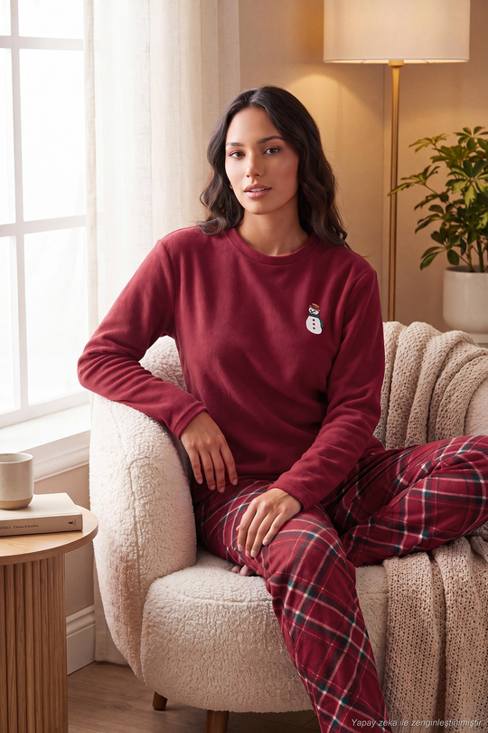 Ekose Desenli Bisiklet Yaka Yumuşak Polar Kadın Pijama Takımı 6097059K BORDO