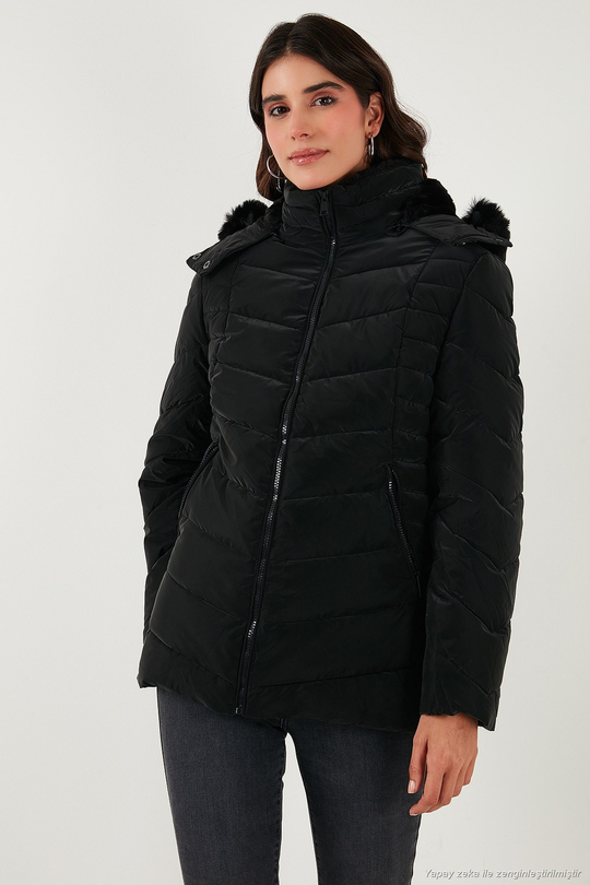 Kapitoneli Slim Fit Çıkarılabilir Kapüşonlu Kadın Mont 497MARA SİYAH