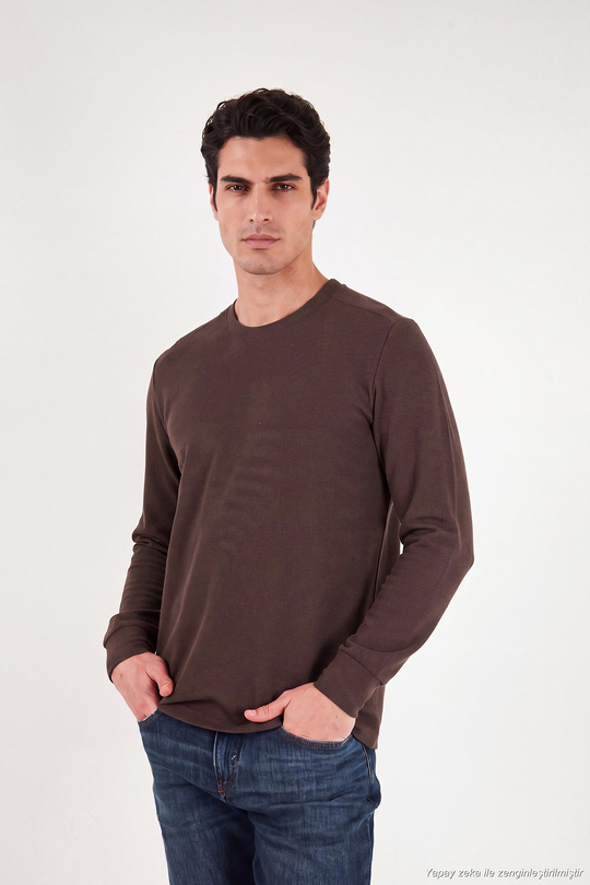Pamuklu Bisiklet Yaka Normal Kalıp Basic Erkek Sweat 5905073 KAHVE