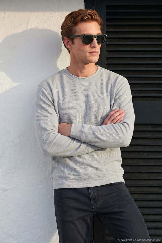 Pamuklu Regular Fit Bisiklet Yaka Erkek Sweat 5905965 Kül