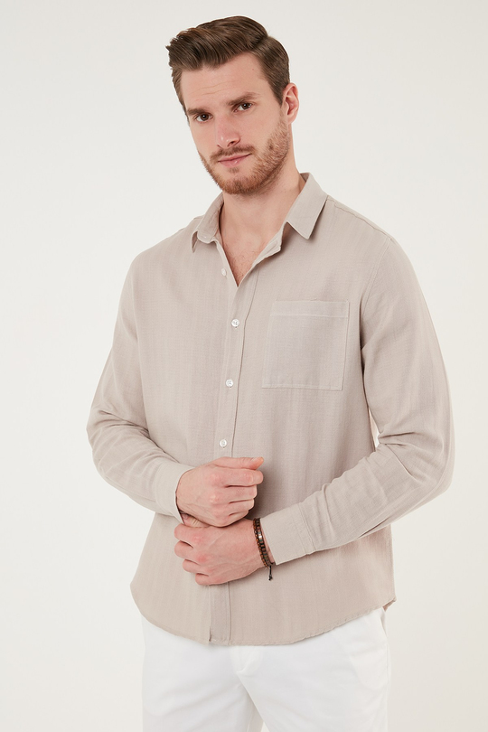 Pamuklu Regular Fit Tek Cepli Erkek Gömlek CF24S128229 TAŞ