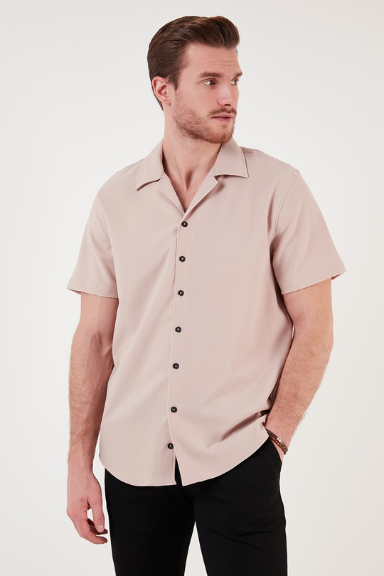 Regular Fit Apaş Yaka Kısa Kollu Erkek Gömlek CF24S117927 BEJ