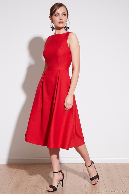 Regular Fit Bisiklet Yaka Cepli Pileli Midi Boy Abiye ve Mezuniyet Kadın Elbise 6111963 KIRMIZI