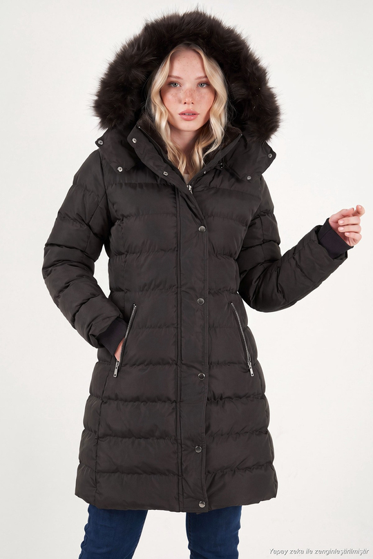 Regular Fit Çıkarılabilir Kapüşonlu Fermuarlı Cepli Şişme Kadın Mont 497EMİLY KAHVE