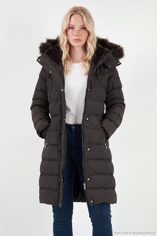 Regular Fit Çıkarılabilir Kapüşonlu Fermuarlı Cepli Şişme Kadın Mont 497EMİLY KAHVE