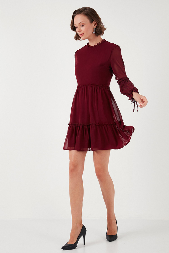 Regular Fit Dik Yaka Büzgülü Astarlı Mini Abiye Kadın Elbise 611EL345 BORDO