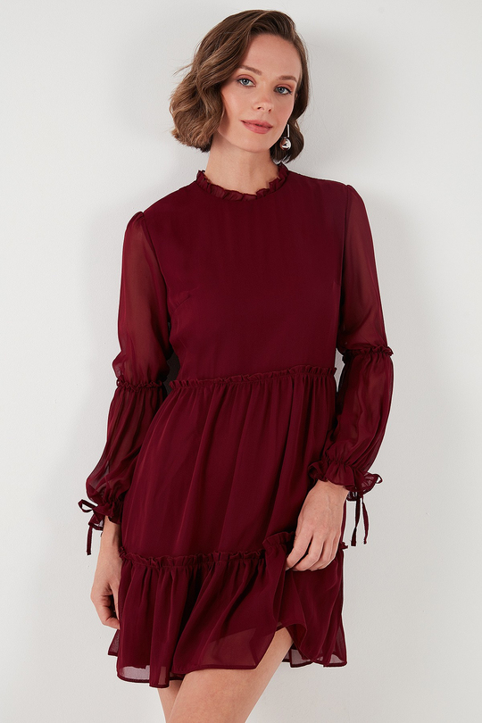 Regular Fit Dik Yaka Büzgülü Astarlı Mini Abiye Kadın Elbise 611EL345 BORDO